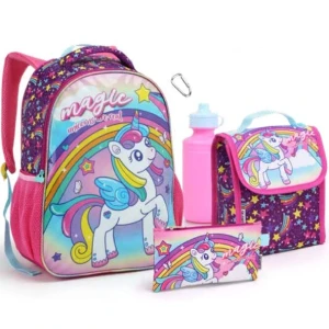 Kit Infantil Feminino | Mochila + Lancheira + Estojo + Garrafa + Mosquetão