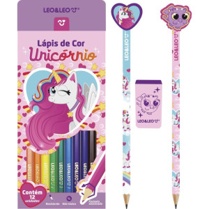 Kit Escolar Unicornio 12 Lapis Cor + 3pcs