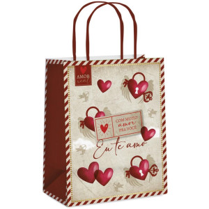 Sacola Para Presente Decorada Amor Real M 26x19,5x9,5cm