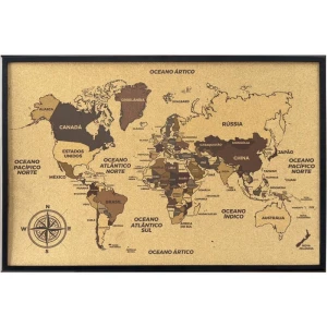 Quadro Decorativo Mapa Mundi Cortica 90x60cm
