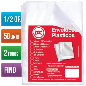 Envelope Plastico Oficio 2 Furos Finos 1/2
