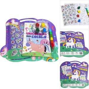 Livro Infantil Colorir Kit Unicornios C/giz E Adesivos