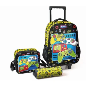 Mochila Infantil Com Rodinha Game Over G Estojo+lancheira