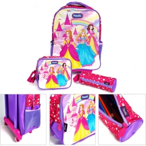 Mochila Infantil Com Rodinha Princesas G Estojo+lancheira
