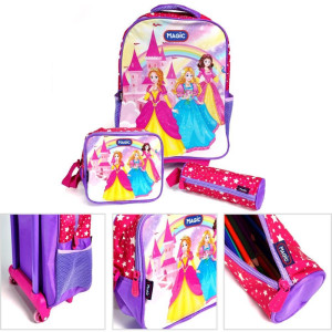 Mochila Infantil Com Rodinha Princesas G Estojo+lancheira