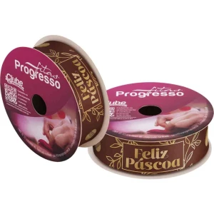 Fita De Cetim Decorada 22mm 10m. Feliz Pascoa Marrom/ouro