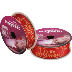 Fita De Cetim Decorada 22mm 10m. Feliz Pascoa Vermelho/ouro