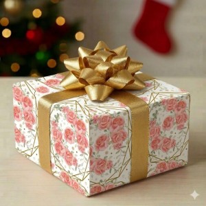 Papel Presente Bobina Couche 60cm. Mod.206 Rosas Ouro Hexag-125488-26311