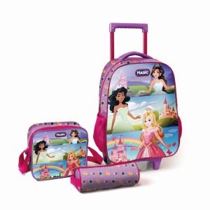 Mochila De Rodinhas Com Estojo E Lancheira - Princesas E Seus Castelos