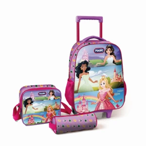 Mochila De Rodinhas Com Estojo E Lancheira - Princesas E Seus Castelos