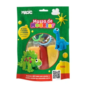 Massa Modelar 6 Cores  3 Moldes  1 Rolinho - Dinossauro - 150g