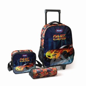 Mochila De Rodinhas Com Estojo E Lancheira - Fast Cars