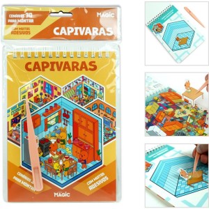 Livro Com Adesivos Cenario 3d Capivaras 14x23cm