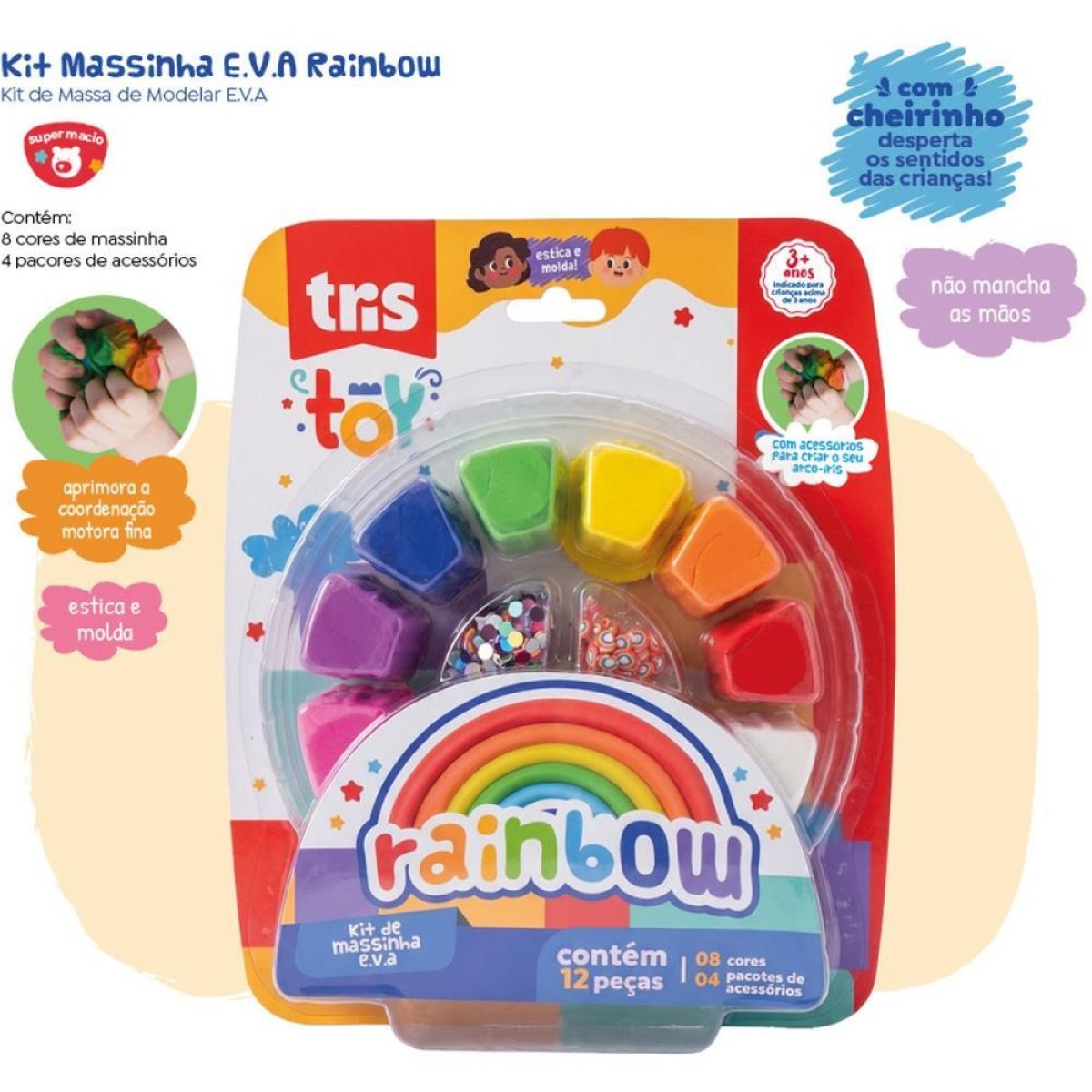 Massa De Eva Criativa Tris Toy Rainbow C/12cores