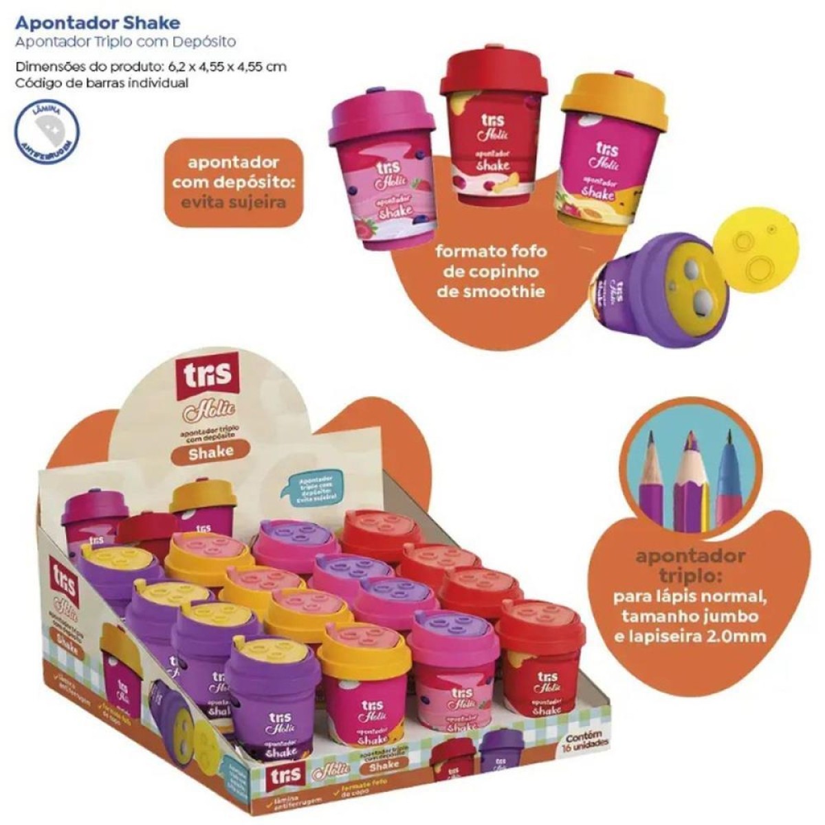 Apontador Com Deposito Decor. Tris Shake Triplo 4 Cores