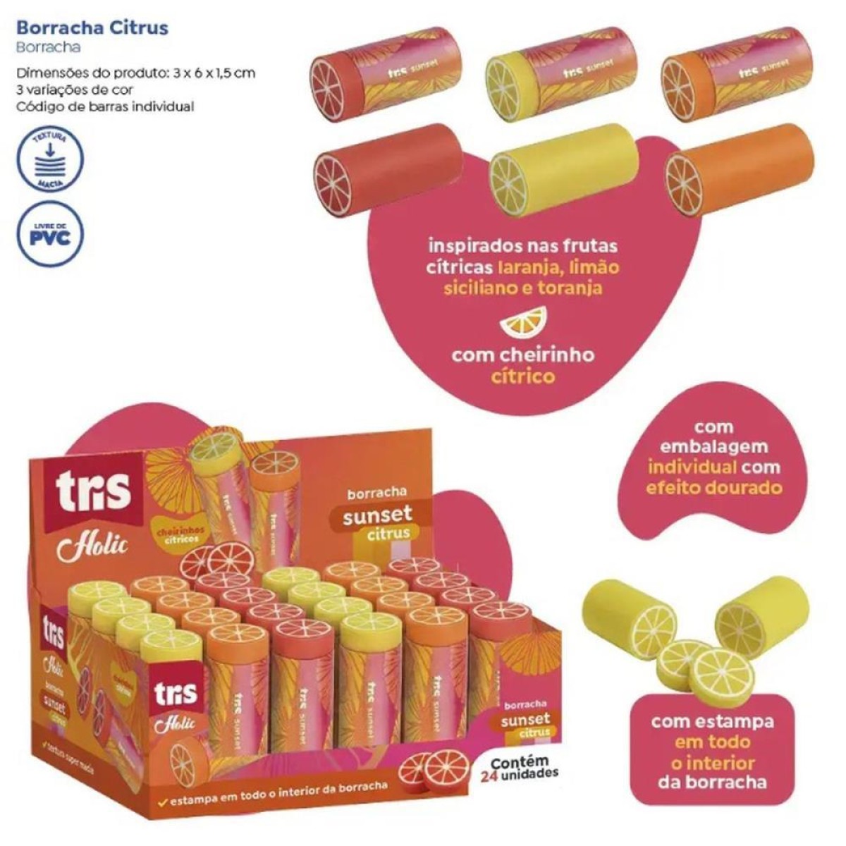 Borracha Decorada Tris Citrus C/ Cheiro 3 Cores