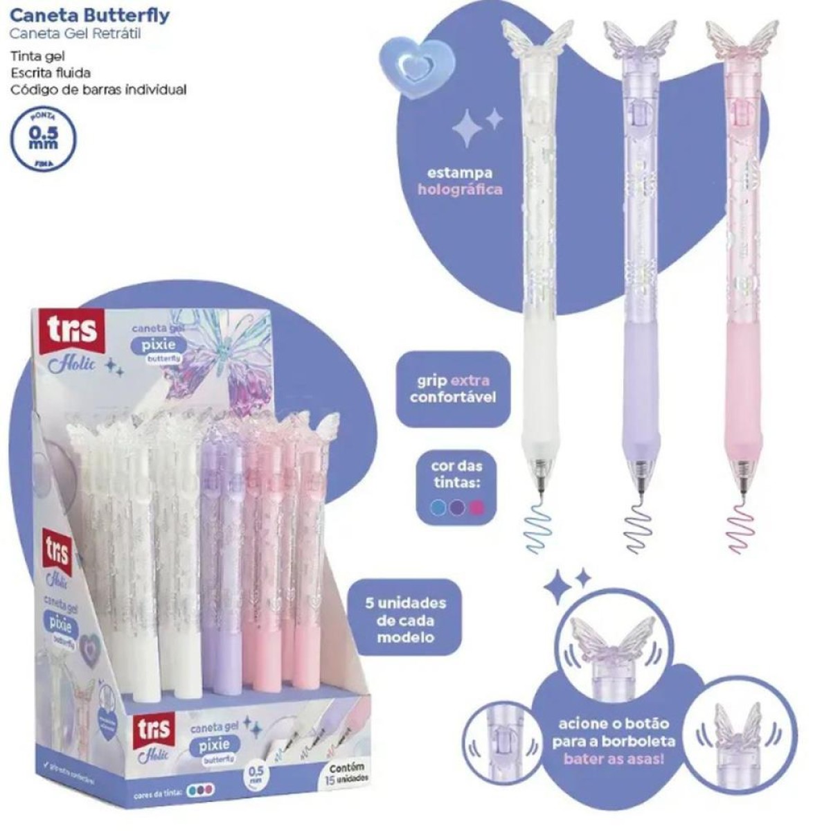 Caneta Gel Tris Butterfly Retratil 0.5mm
