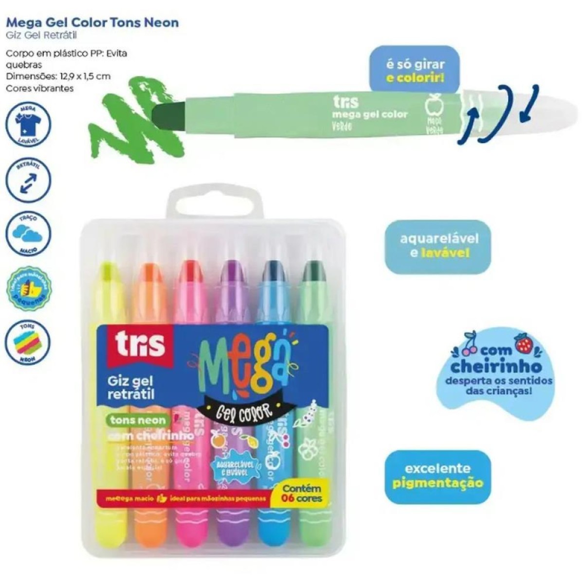 Giz De Cera Jumbo Tris Retratil 6cores C/cheiro