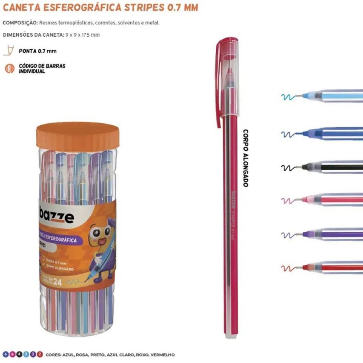 Caneta Esferografica Bazze Stripes 0.7 6cores