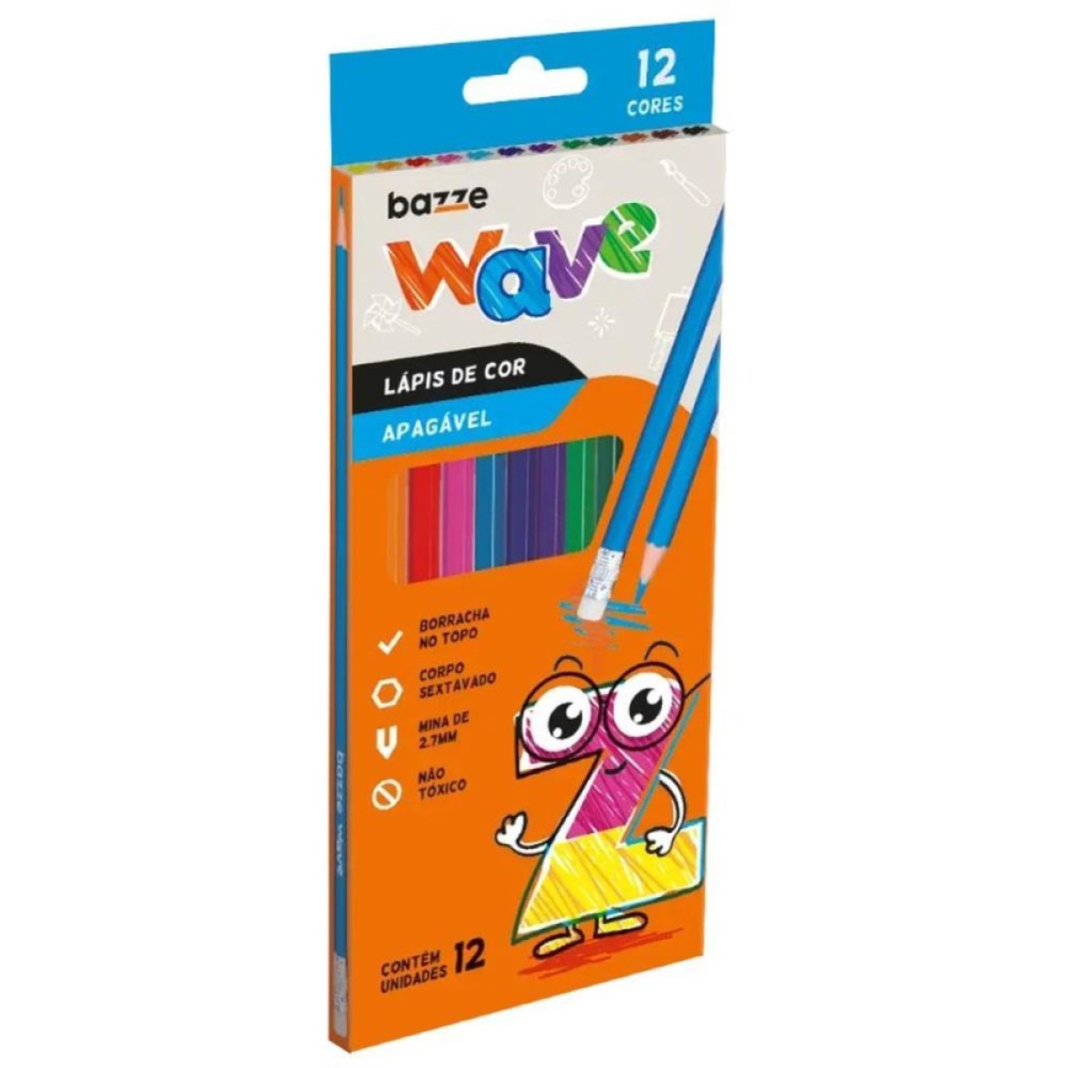 Lapis De Cor Sextavado Bazze Wave 12 Cores Apagavel