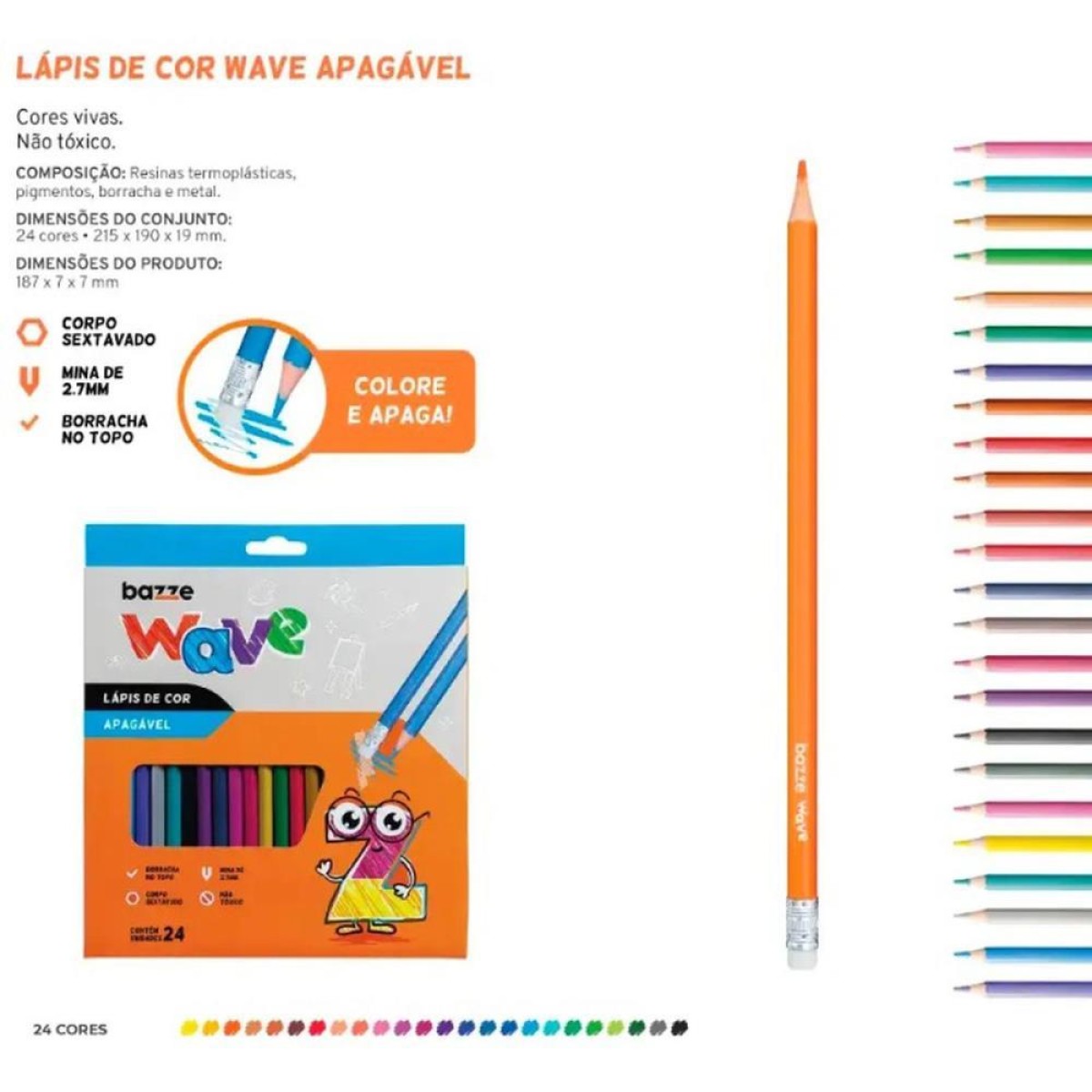 Lapis De Cor Sextavado Bazze Wave 24 Cores Apagavel