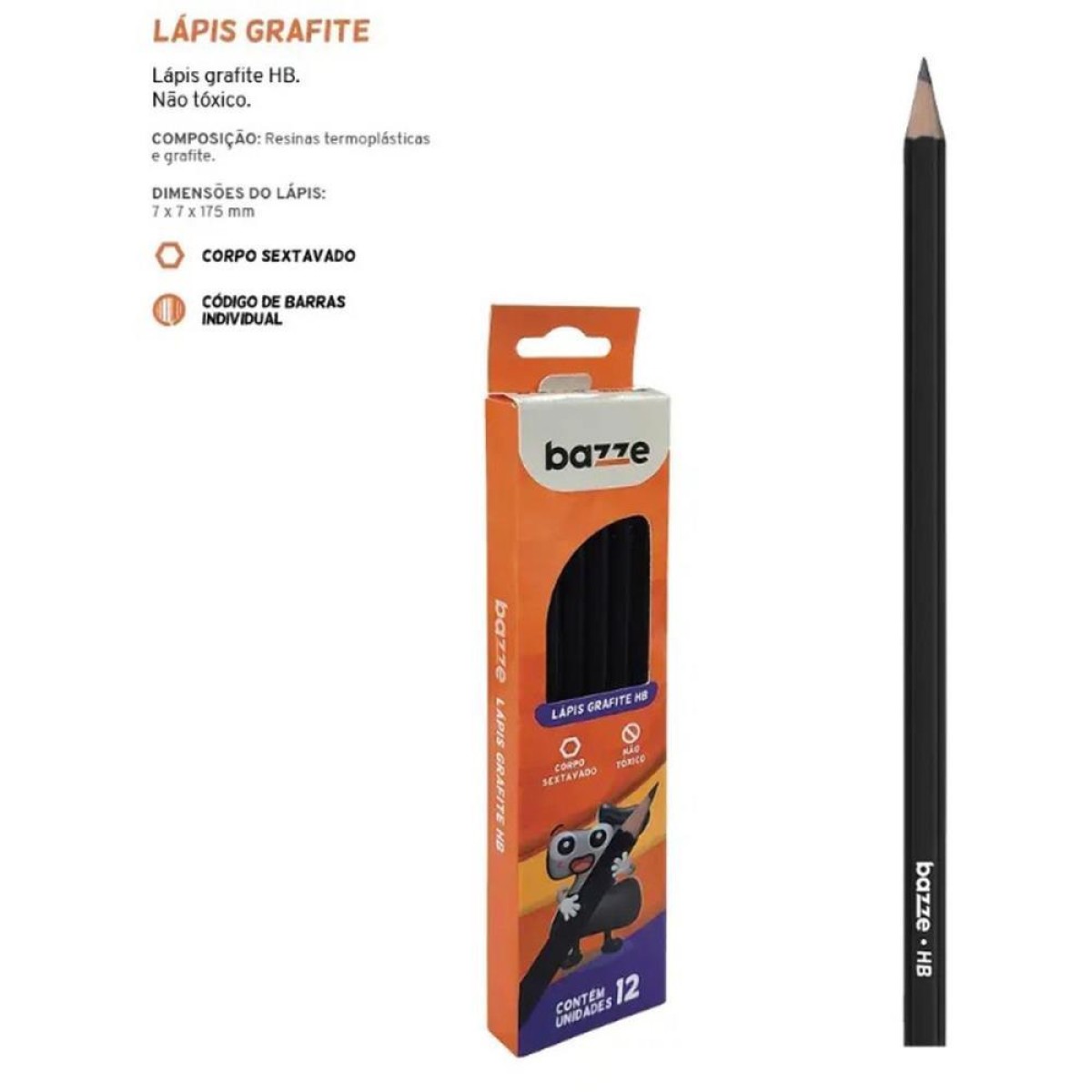 Lapis Preto Sextavado Bazze Hb Preto 12unid.