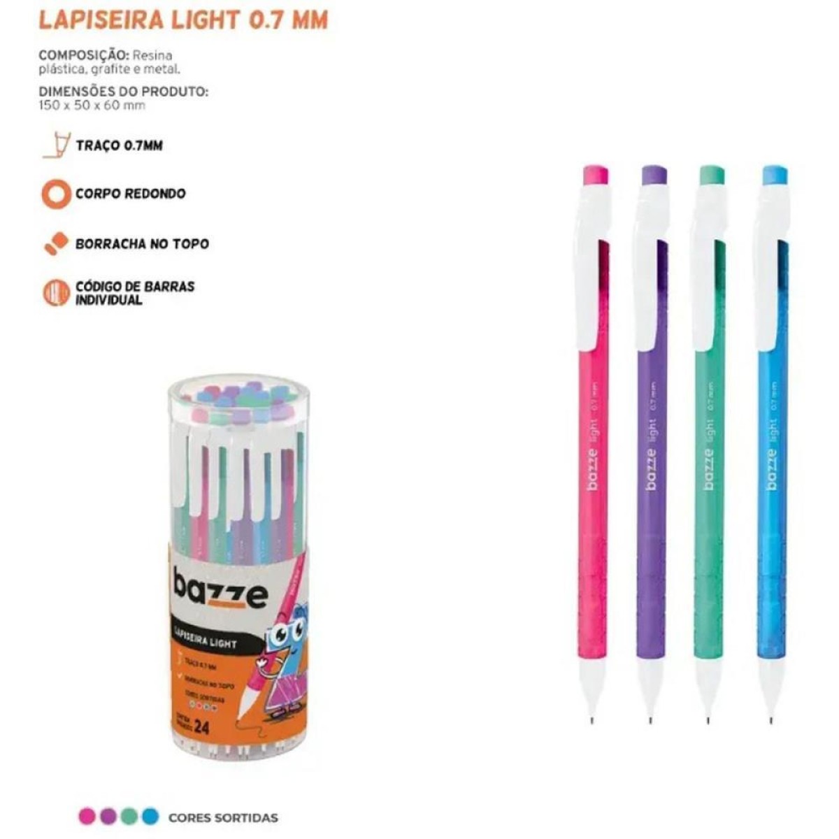 Lapiseira 0.7mm Bazze Light 4 Cores C/borracha