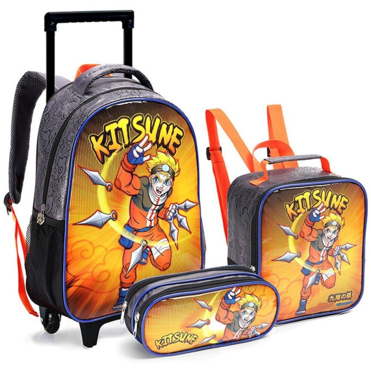 Mochila Infantil Com Rodinha Ninja Lancheira+estojo