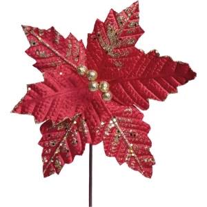 Artigo Para Decoracao Natal Enfeite Flor Vm/ouro C/glitter 26cm