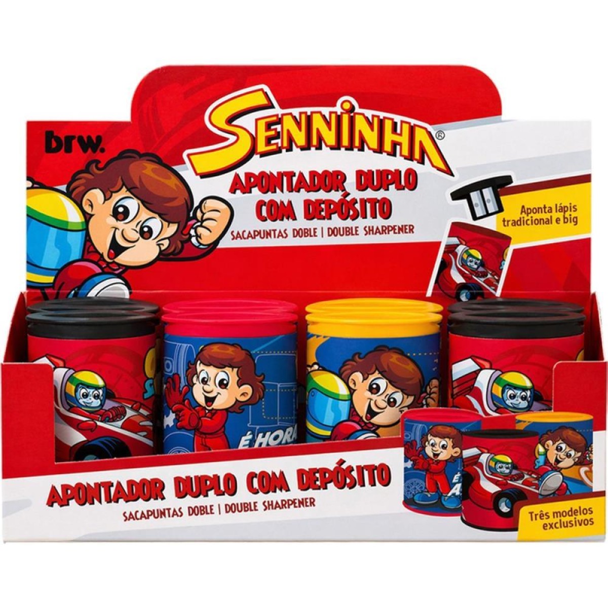 Apontador Com Deposito 2 Furos Senninha Lata Big/padrao 3cor.