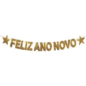 Faixa Decorativa Feliz Ano Novo Glitter Ouro