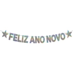 Faixa Decorativa Feliz Ano Novo Glitter Prata